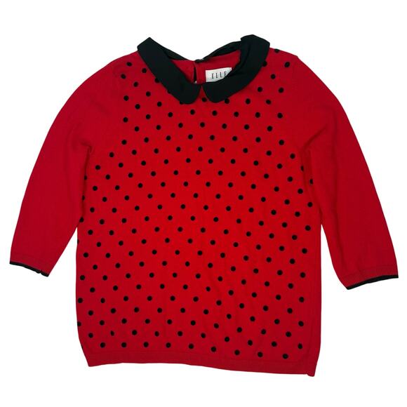 Elle Red Black Polka Dot Blouse Women’s Large Collared Top 3/4 Sleeve - Picture 1 of 8